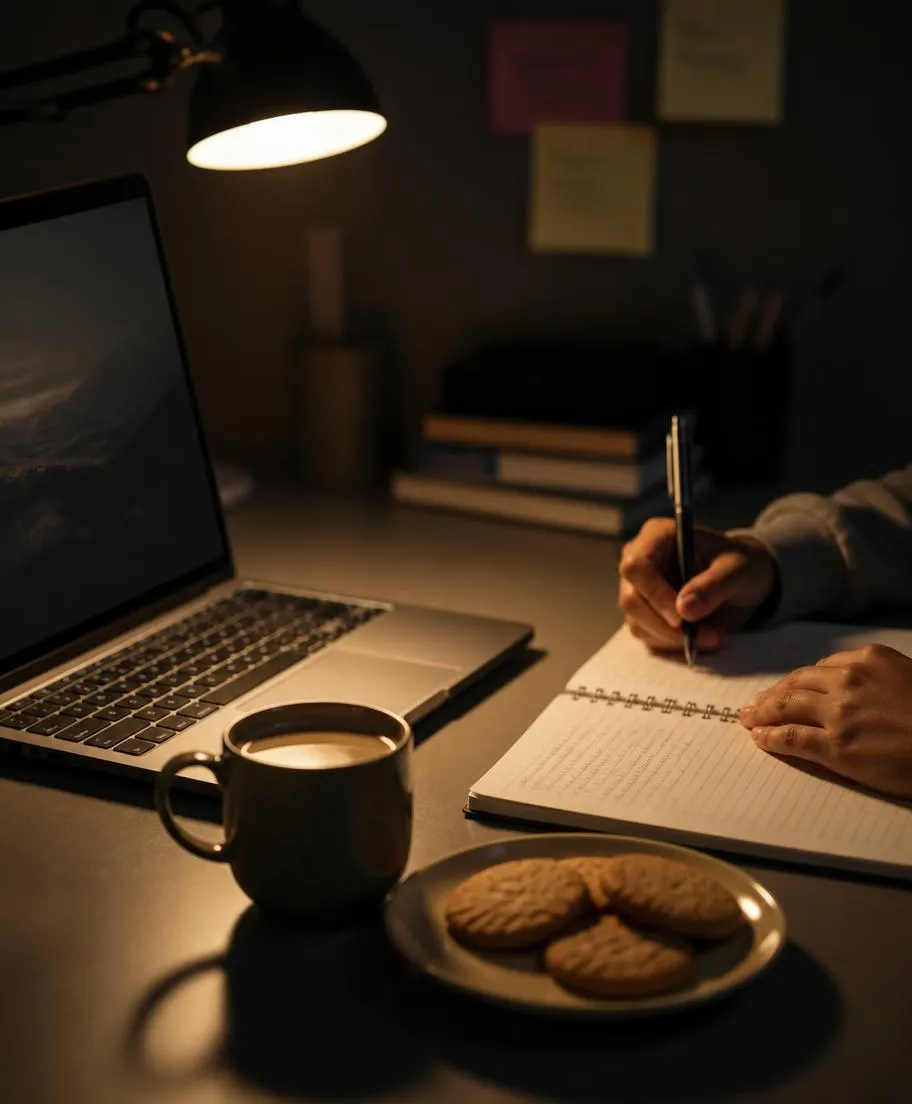A late-night desk with a lamp, notebook, coffee and biscuits