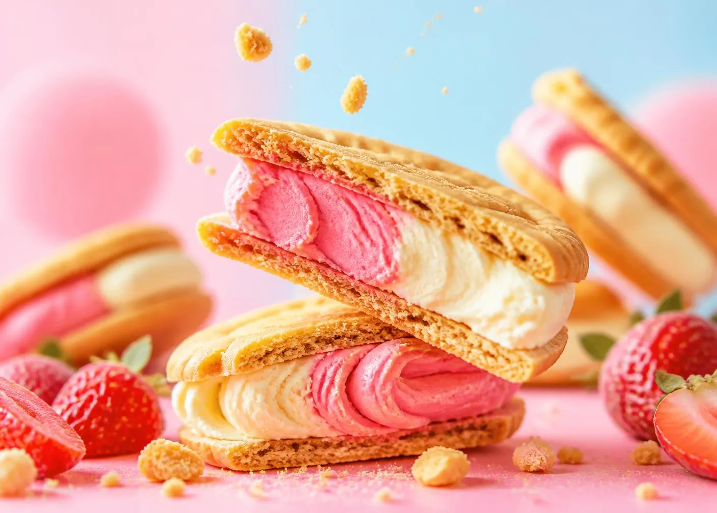 Thick cream swirls inside a sandwich biscuit