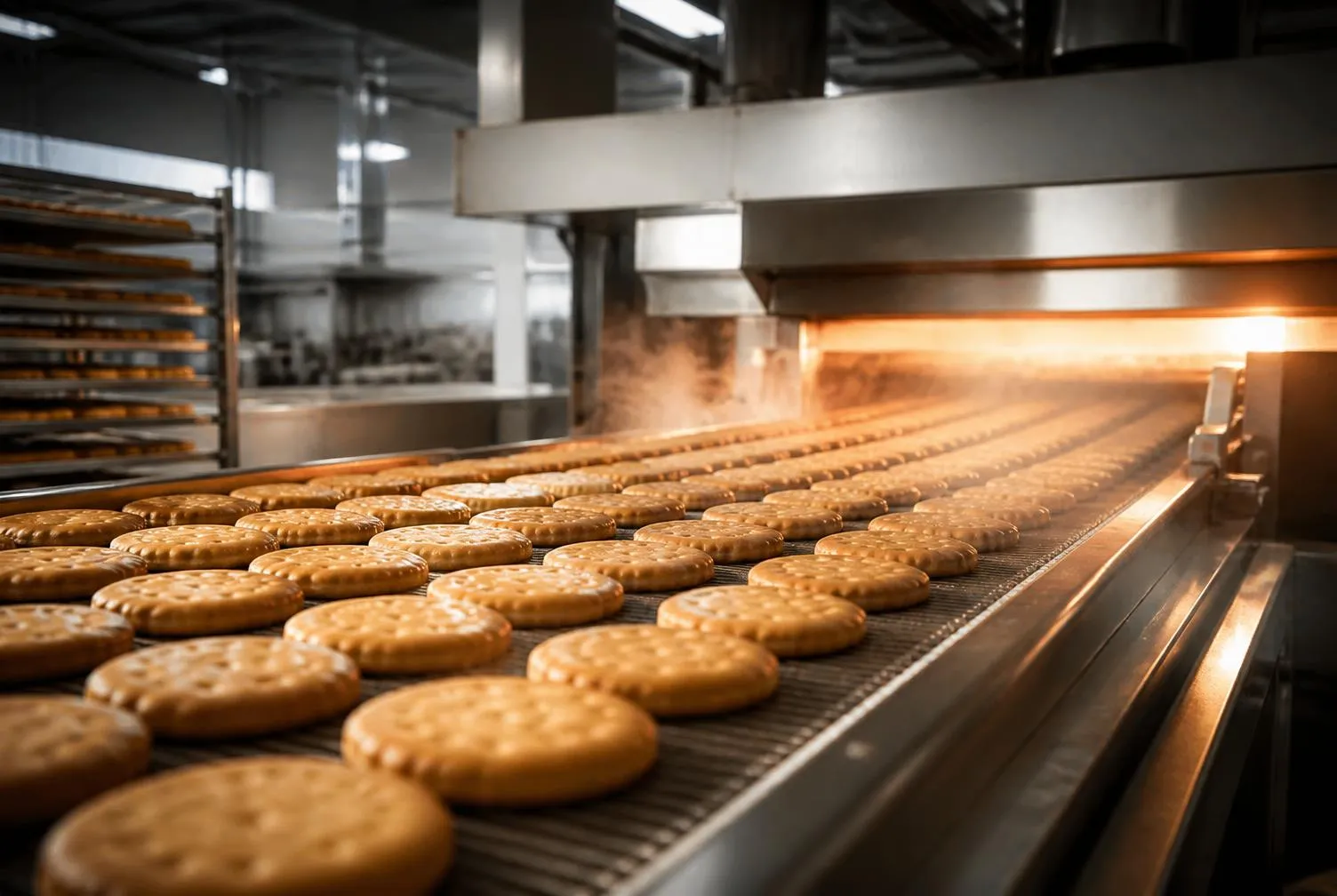 Freshly baked biscuits travelling along a conveyor inside a modern bakery