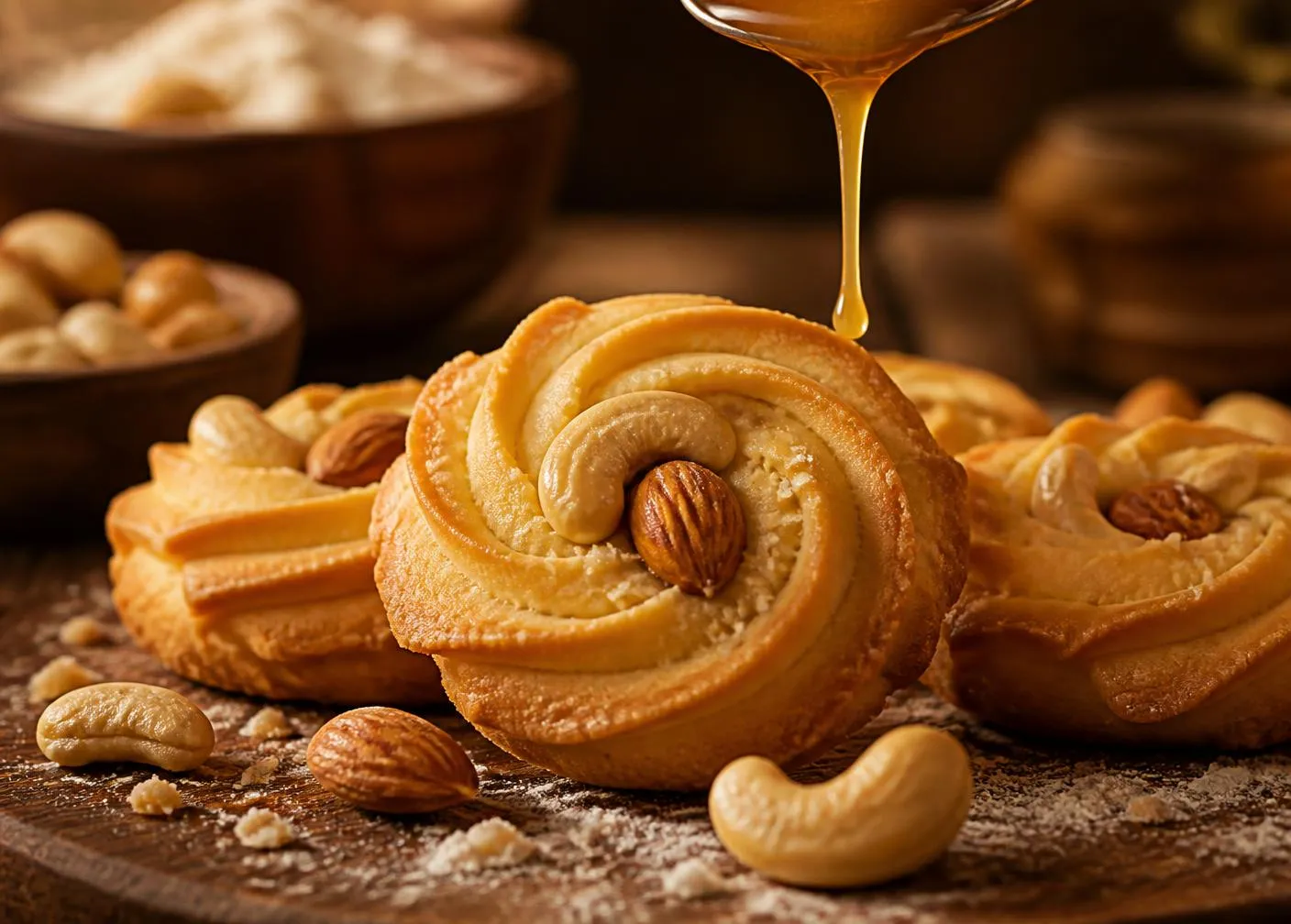 Golden butter cookies with cashew and almond