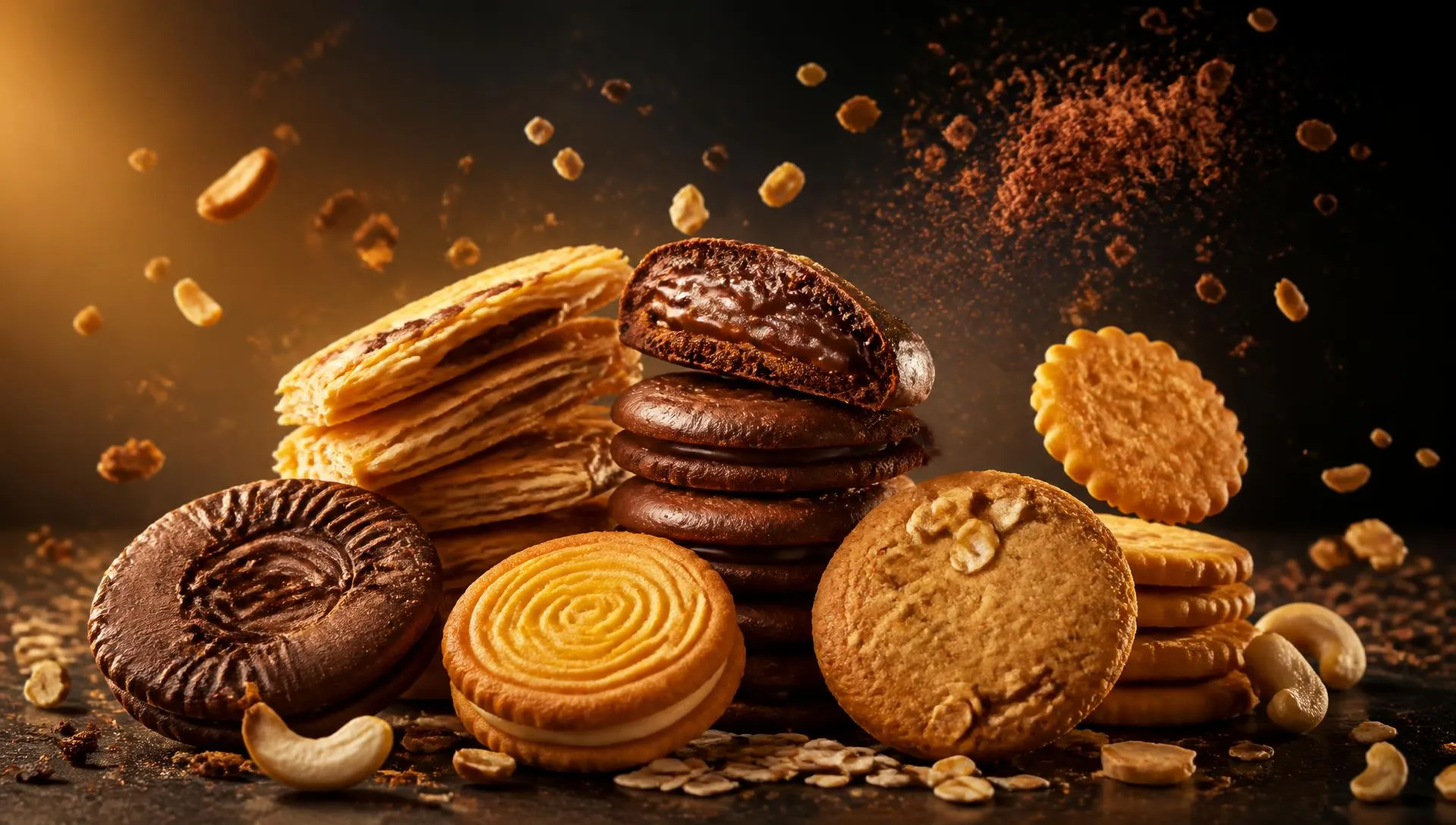 An arrangement of Sunfeast biscuits, cookies and crackers with crumbs, cocoa and cashews caught mid-air