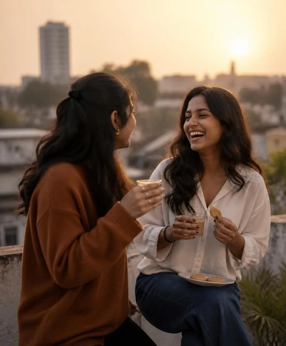 Two friends laughing over chai and biscuits on a rooftop at golden hour