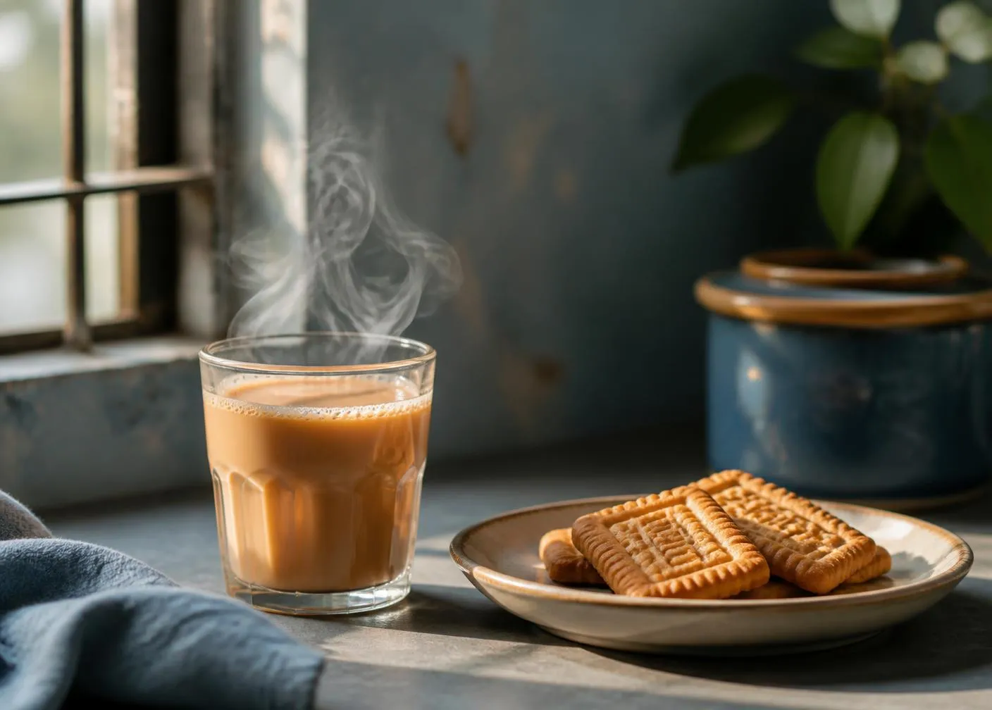 A glass of masala chai beside light tea biscuits