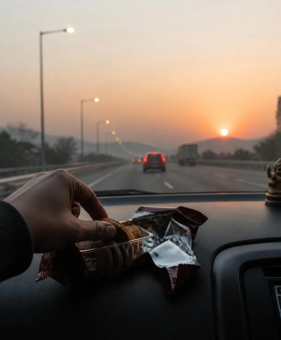 A hand reaching for biscuits on a car dashboard at dusk on a highway